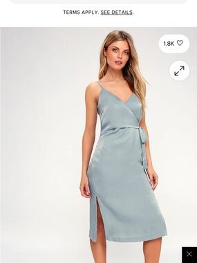 J.O.A. Pale Blue Satin Wrap Midi Dress with Side Tie